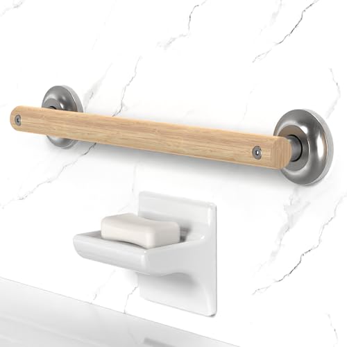 Natural Bamboo Grab Bar for Bathroom & Toilet, ADA Compliant Balance Assist Handrail for Handicap and Seniors, 16in Brushed Nickel - color: Brushed Nickel, size: 16in