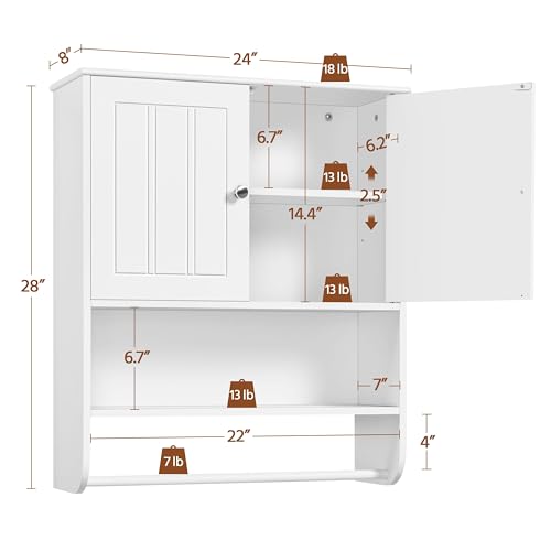 Yaheetech 24" Bathroom Wall Cabinet Over Toilet with Towel Bar, White Doors | Over-the-Toilet Storage for Small Bathrooms, Doors Hide Clutter, Adjustable Shelf Fits Tall Bottles, Open Display, MDF Build