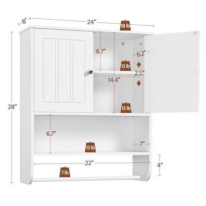Yaheetech 24" Bathroom Wall Cabinet Over Toilet with Towel Bar, White Doors | Over-the-Toilet Storage for Small Bathrooms, Doors Hide Clutter, Adjustable Shelf Fits Tall Bottles, Open Display, MDF Build