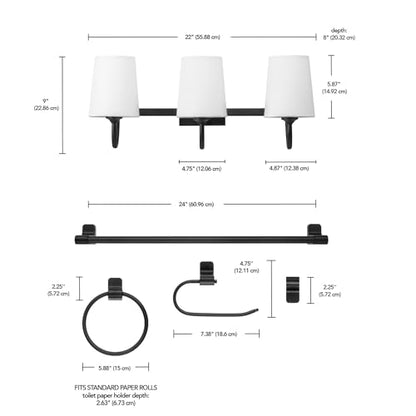 Globe Electric 63000206 5-Piece All-in-One Bathroom Set, 3-Light Vanity Light, Matte Black, Linen Shades, Towel Bar, Robe Hook, Toilet Paper Holder, Towel Ring, Bathroom Lights Over Mirror - color: Matte Black, Linen