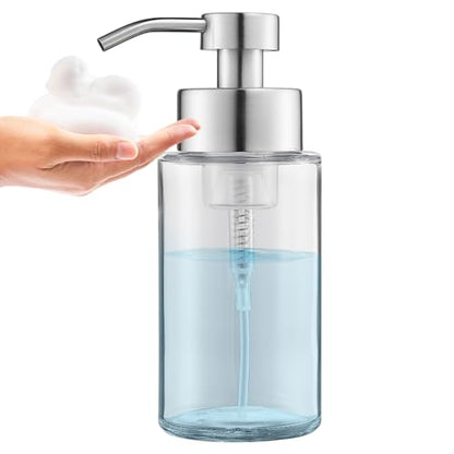 Glass Foaming Hand Soap Dispenser 10 oz with Rust Proof Pump | Easy Refill, Stainless Steel Pump and Waterproof Labels, Premium Glass Foam Dispenser, for bathroom Countertop - color: Brushed Nickel Foam 1pc