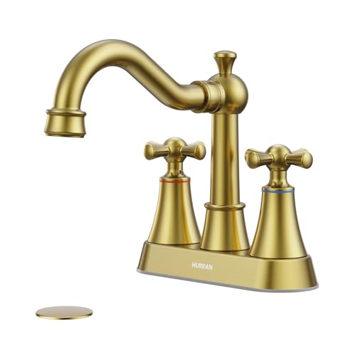 Hurran 4-inch Centerset Brushed Gold Classical Bathroom Faucet, 2 Handles for 2 or 3 Hole Sink with 360° Swivel Spout, Pop Up Drain Assembly and Supply Hose for Vanity Sink Lavatory Faucet - color: Gold, size: 4in