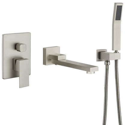DASAN Swiveling Wall Mount Tub Filler Faucet Set with Hand Held Shower, Brushed Nickel Modern Creative Bathtub Faucet Wall Mounted Bath Tub Faucet with High Flow Rough in Valve, SA-TF05WH-BN - color: Brushed Nickel