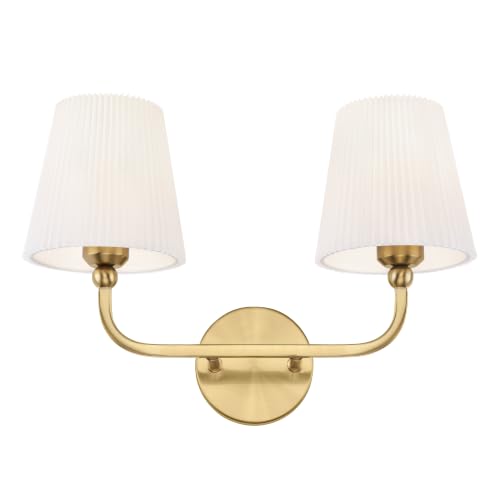 2-Light Brushed Gold Bathroom Vanity Light, Pleated Fabric Shade | 17" 2-light gold double wall sconce with white pleated fabric shades, E26 bulbs, hardwired, upward only, VL837-BG-Z-2 - color: Brushed Gold, White Pleated Shade, size: 2-light