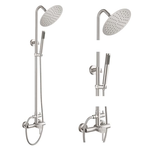 gotonovo 304 Stainless Steel Outdoor Shower Fixtures Exposed,Brushed Nickel | 8 Inch Rain Showerhead with Handheld Sprayer Outdoor Outside Shower Kit System Faucet Head Valve Wall Mount for Pool Backyard - color: Nickel