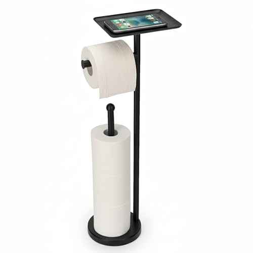 Toilet Paper Holder with Shelf, Freestanding Toilet Paper Stand with Storage Space for Holding Extra 4 Toilet Paper Rolls (Stainless Steel Base, Black) - color: Black