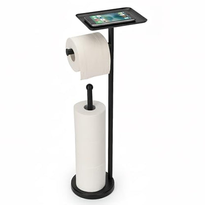 Toilet Paper Holder with Shelf, Freestanding Toilet Paper Stand with Storage Space for Holding Extra 4 Toilet Paper Rolls (Stainless Steel Base, Black) - color: Black