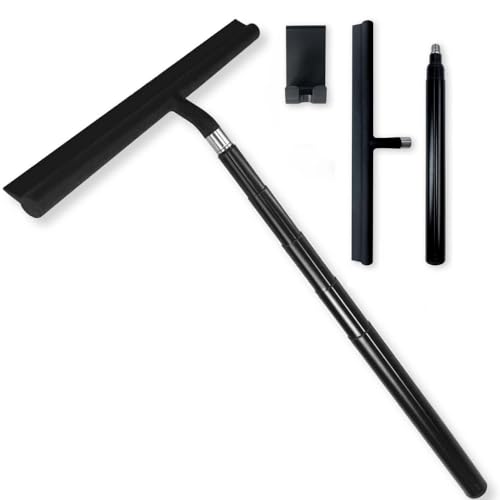 Black Telescopic Shower Squeegee for Glass Doors, Tile Shower Walls. Comes with Suction Hook, Great for Shower Glass