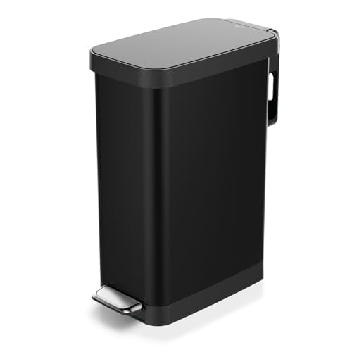 Glad Slim Trash Can with Clorox Odor Protection - Narrow Kitchen Garbage Bin with Soft Close Lid, Step On Foot Pedal and Waste Bag Roll Holder, Black, 12 Gallon/45 Liter - color: Black