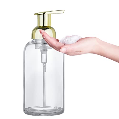 2 Pcs Foaming Soap Dispenser, Thick Glass Jar Soap Dispenser with Gold Foaming Pump, 13 Ounce Round Bottles Dispenser with Foaming Pump