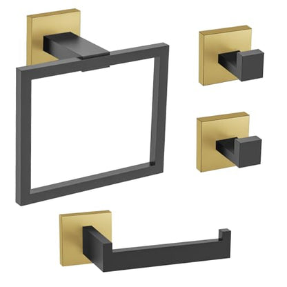 TURS Bathroom Accessory Set Black and Gold Towel Ring Set Stainless Steel Toilet Paper Holder Towel Ring Robe Hook Wall Mount - color: Black&gold