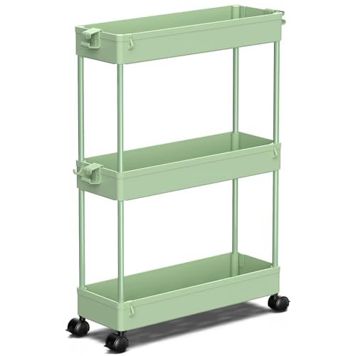 SPACEKEEPER Slim Rolling Storage Cart, 3 Tier Bathroom Cart Organizer,Green | Narrow Rolling Cart with Wheels for Kitchen Office Bathroom Laundry Room,Mobile Utility Cart for Craft Art Makeup Nail Polish - color: Green