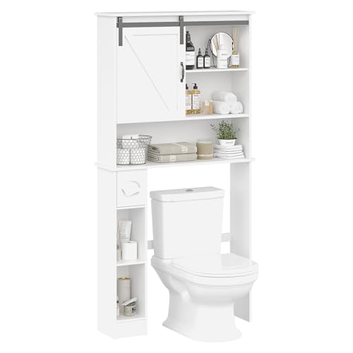 Takywep Over The Toilet Storage Cabinet with 2 Doors, Adjustable Shelf, Toilet Paper Holder and Hooks, Space-Saving Bathroom Organizer for Restroom, Laundry, White