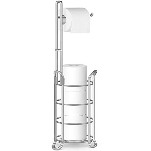TomCare Toilet Paper Holder Stand Free Standing, Holds 4 Mega Rolls, Silver | Tool-Free Assembly, Detachable Metal Wire Frame, Powder-Coated Finish, Easy Storage and Flexible Bathroom Placement - color: Silver Grey, size: Standard