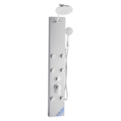 VEVOR Shower Panel Tower System with Rainfall Shower Head, 49 in Brushed Stainless Steel Shower Column, 3-Function Faucet, High Pressure Wall-Mount Rain Massage System with 6 Body Jets and Handheld