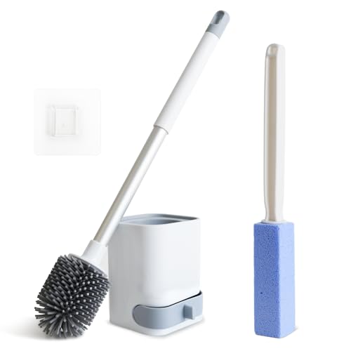Toilet Cleaner Brush, Silicone Toilet Brush+Pumice Stone for Toilet Cleaning, with Non-Slip Long Handle, Wall Mounted/Floor Standing, Toilet Brush Set for Bathroom RVs
