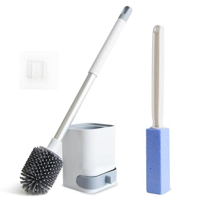 Toilet Cleaner Brush, Silicone Toilet Brush+Pumice Stone for Toilet Cleaning, with Non-Slip Long Handle, Wall Mounted/Floor Standing, Toilet Brush Set for Bathroom RVs