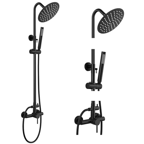 gotonovo 304 Stainless Steel Outdoor Shower Fixtures Exposed,Matte Black | 8 Inch Rain Showerhead with Handheld Sprayer Outdoor Outside Shower Kit System Faucet Head Valve Wall Mount for Pool Backyard - color: Black