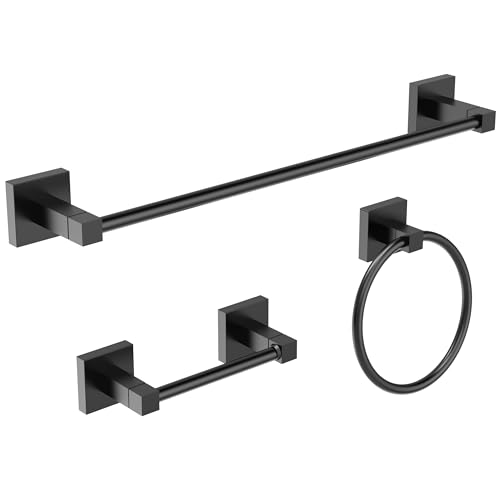 RUACQ Bathroom Accessories, 3-Piece Bathroom Hardware Set, Matte Black | 18" Towel Bar & Toilet Paper Holder & Towel Ring, Towel Racks for Bathroom Wall Mounted, 304 Stainless Steel, Square Base - color: Matte Black, size: 3pcs