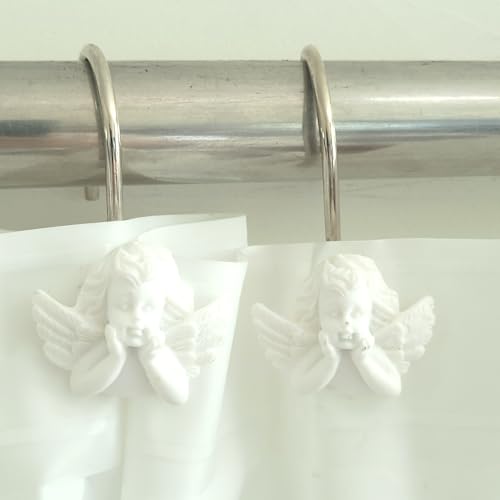 Twofish Home White Angel Shower Curtain Hooks Anti Rust Shower Curtain Hooks Decorative Resin White Angel Shower Curtain Rings Set of 12 - color: White Angel