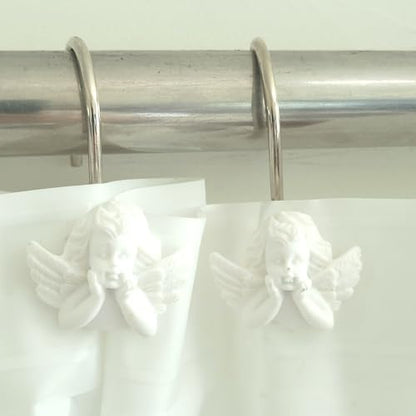 Twofish Home White Angel Shower Curtain Hooks Anti Rust Shower Curtain Hooks Decorative Resin White Angel Shower Curtain Rings Set of 12 - color: White Angel