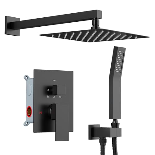 Shower System Shower Faucet Set, STARBATH 12" Wall Mount Rain Shower Head and Handheld Spray for Two Person, Rainfall Shower System with Diverter Valve and Trim Kit Complete，Matte Black - color: Matte Black, size: 12"-1