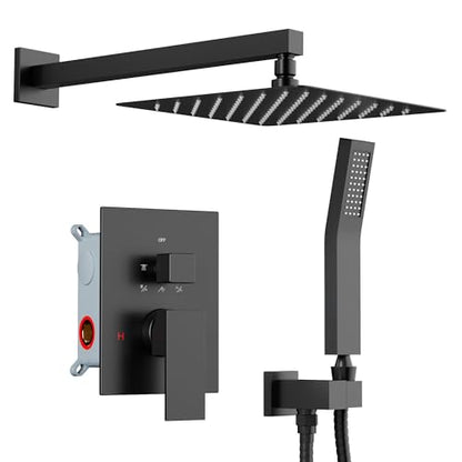 Shower System Shower Faucet Set, STARBATH 12" Wall Mount Rain Shower Head and Handheld Spray for Two Person, Rainfall Shower System with Diverter Valve and Trim Kit Complete，Matte Black - color: Matte Black, size: 12"-1