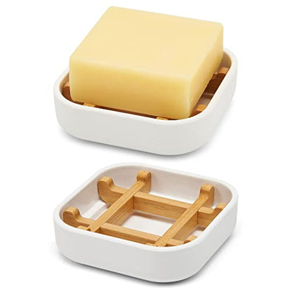 Bamboo Soap Dishes for Bar Soap Holders for Shower for Bathroom Sink Bulk Small Wooden Soap Tray Jabonera Pretty Neat Ventilated Soap Dish Disj Disk, Detachable (Single Rounded White) - color: Single Rounded White