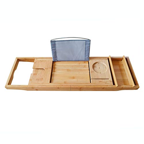 Bathtub Trays for Tub, Bathroom Bathtub Caddy Tray with Wine Slots and Book Holder, Bathroom Storage Bathtub Shelf for Wine, Book, Soap, Phone