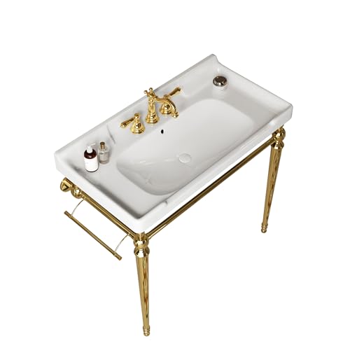 36" Bathroom Console Sink, VICI Wall Mounted Ceramic Basin with 3 Faucet Holes, Vanity Sink with Overflow, Freestanding Stainless Steel Legs, Towel Bar, Modern Bathroom Sink, White Top+Gold Leg - color: White,gold, size: 36''+White Top+Gold Leg