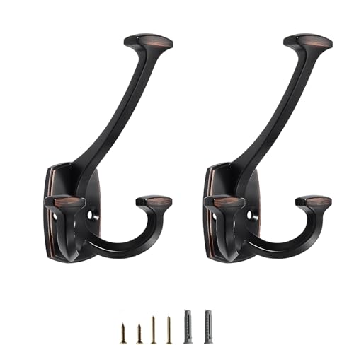 Oil Rubbed Bronze Hooks Large Wall Mounted Decorative Solid Heavy-Duty Double-Sided Coat Hooks Triple Coat Hook Towels Coats Robes Towels Bag Bathroom Three Prong Coat Hook (2 Pack) - color: Oil Rubbed Bronze
