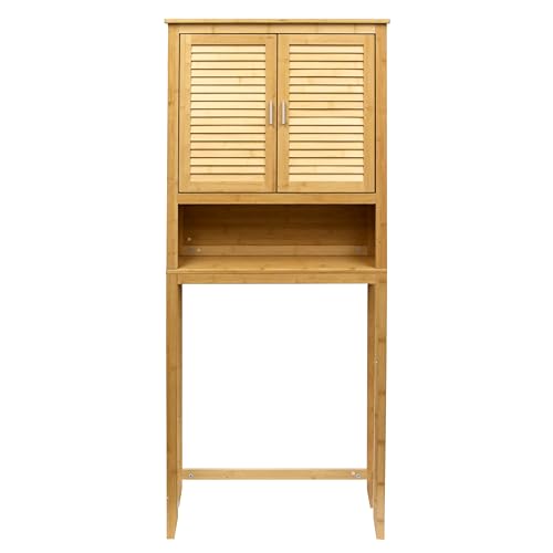 RoyalHouse Bamboo Over The Toilet Storage Cabinet with Bottom Shelf, Free Standing Storage Cabinet, Perfect Bathroom Space Saver with Double Door Organizer