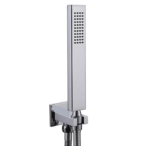 Brass Chrome Hand Held Shower Head With Wall Connector and Hose Set | Modern Square Single Function Handheld Shower Sprayer Wand And Fixed Solid Metal Holder 1.5 Meter Length Shower Hose - color: Chrome handheld set