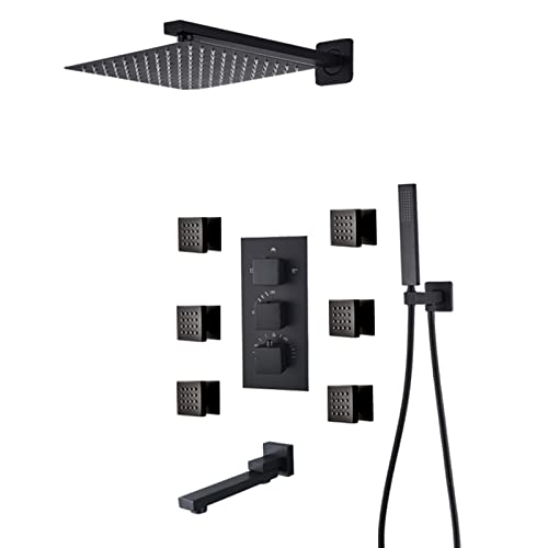 Shower System Thermostatic Concealed Shower Faucet Set Wall Mounted Matte Black Anti Scald Shower Combo Set with 6 Body Sprays with Hand Shower and Waterfall Rainfal,10 Inch - size: 10 Inch