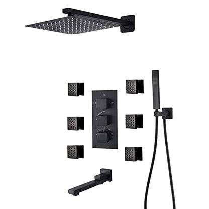 Shower System Thermostatic Concealed Shower Faucet Set Wall Mounted Matte Black Anti Scald Shower Combo Set with 6 Body Sprays with Hand Shower and Waterfall Rainfal,10 Inch - size: 10 Inch