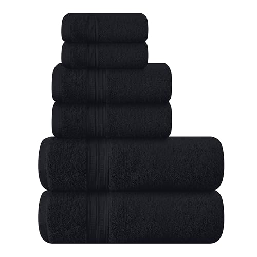 BOUTIQUO 6 Pack Cotton Towel Set, Contains 2 Bath Towels 27x54 inch, 2 Hand Towels 16x24 inch & 2 Wash Coths 12x12 inch, Ideal Everyday use, Ultra Soft Compact & Lightweight - Black - color: Black, size: 6 Piece Towel Set