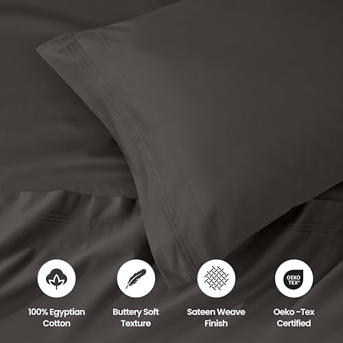 SUPERIOR Egyptian Cotton 4 Piece Sheet Set, Luxury 1000 Thread Count, Modern Design, Sustainable Sheets, Ultra-Soft Basics, Solid, Deep Pocket Fitted Sheet, Flat Sheet, Pillowcases, Full, Charcoal - color: Charcoal, size: Full