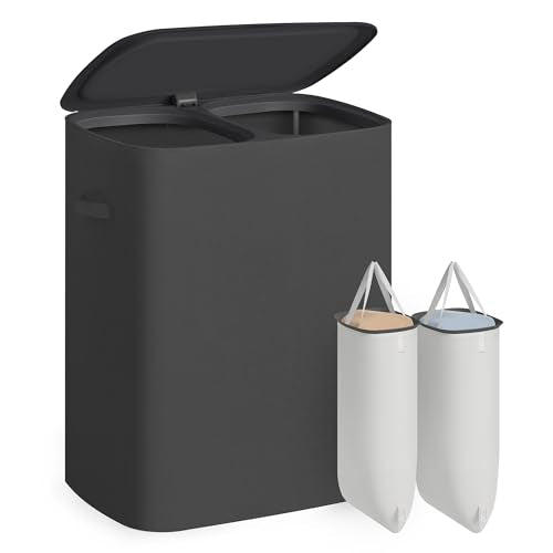 SONGMICS Laundry Basket with Lid, 42.2 Gallons, 2-Compartment Laundry Hamper with Handle, Removable Liner, Easy Assembly, 22 x 15.7 x 27.5 Inches, Slate Gray ULCB822B101 - color: Slate Gray