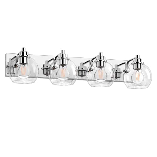 4 Light Bathroom Light Fixtures-Chrome Bathroom Vanity Lights, Modern Vanity Lights 4-Light Bathroom Lighting Fixtures Over Mirror with Clear Glass Globe Shade - color: Polished Chrome, size: 4-Light