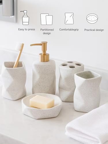 Ceramic Bathroom Accessories Set, 5-Piece Modern Bath Set with Soap Dispenser, Toothbrush Holder, 2 Tumblers & Soap Dish, Speckled Stoneware Countertop Bathroom Decor