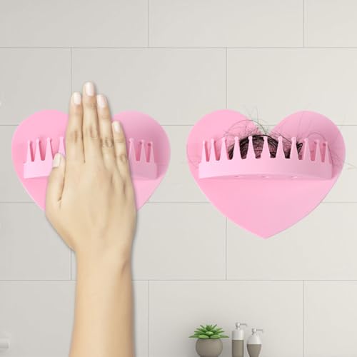 Hair Catcher Shower Wall, Heart Shape Shower Hair Grabber Collector Suction Silicone Bathtub Tool for Preventing Bathroom Clogged Drains (Pink)