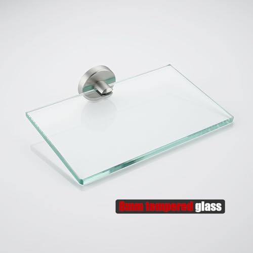JQK Bathroom Glass Shelf, Tempered Glass Shower Storage 8 by 5 inches, 304 Stainless Steel Brushed Finish Wall Mount, TGS101L8-BN - color: Brushed, size: 8 Inch (1 Pack)