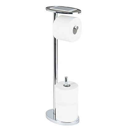 Better Living Ovo Toilet Paper Caddy with Top Shelf, Chrome | Bathroom Toilet Paper Storage Holder Stand with Dispenser and Reserve for 2 Extra Jumbo Rolls, Metal Freestanding