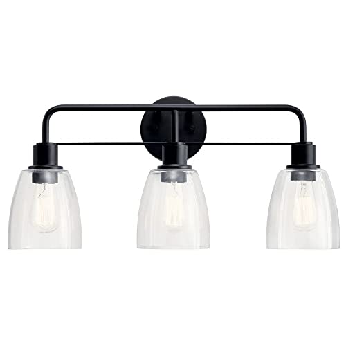 Kichler Meller 24 in 3-Light Bathroom Vanity Light Fixture with Clear Glass in Black for Modern Bathroom Lighting over Mirror, Wall Mount Sconce (7 in x 11.25 in x 24 in), 55102BK - color: Black, style: 3 Light