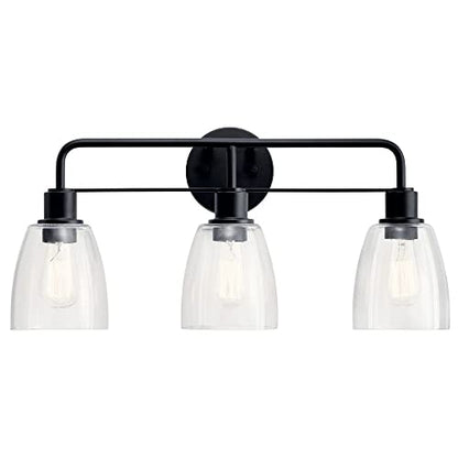 Kichler Meller 24 in 3-Light Bathroom Vanity Light Fixture with Clear Glass in Black for Modern Bathroom Lighting over Mirror, Wall Mount Sconce (7 in x 11.25 in x 24 in), 55102BK - color: Black, style: 3 Light