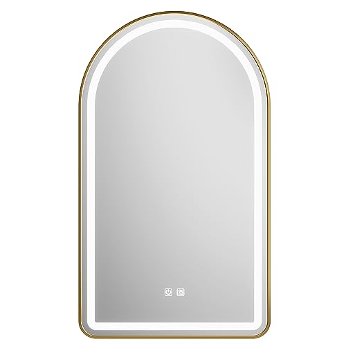 Arched Bathroom Mirror 30"x40", Gold, LED Tempered Glass | arch led bathroom mirror wall mounted vanity lighted tempered glass dimmable anti fog metal frame