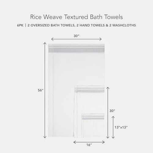 Texere 100% Organic Cotton Rice Weave Jacquard 700 GSM Luxury Bath Towel Sets - 2 Large Bath Towels, 2 Hand Towels, 2 Washcloths (Rice Weave, BRT Wht w/Blk, 6 Piece) - color: Bright White W/ Black Contrast (Rice Weave)