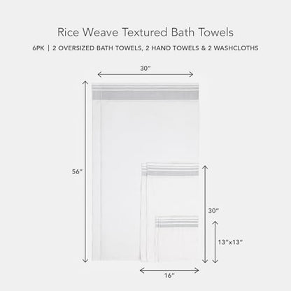 Texere 100% Organic Cotton Rice Weave Jacquard 700 GSM Luxury Bath Towel Sets - 2 Large Bath Towels, 2 Hand Towels, 2 Washcloths (Rice Weave, BRT Wht w/Blk, 6 Piece) - color: Bright White W/ Black Contrast (Rice Weave)