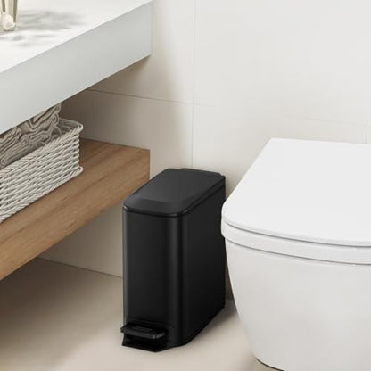 Cesun Small Bathroom Trash Can with Lid, 1.6 Gal, Soft Close, Matte Black | Step pedal soft close, Slim 5.9in fits narrow spaces, Stainless steel, Anti-fingerprint, Removable inner bucket, Odor seal - color: Matte Black