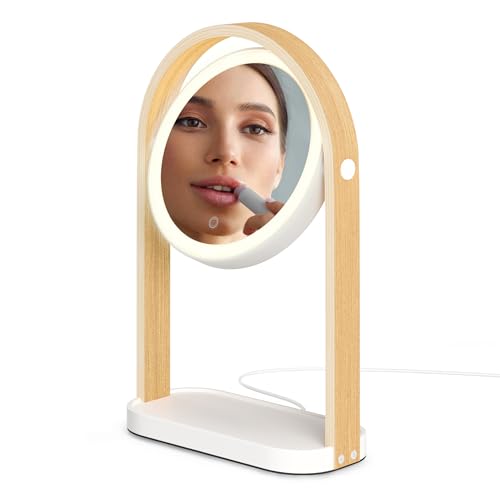 Umbra Bellwood Vanity Mirror, LED Double-Sided Magnifying, White/Natural | Glass frame, three light temperatures, touch sensor dimming, integrated storage tray, USB-C powered